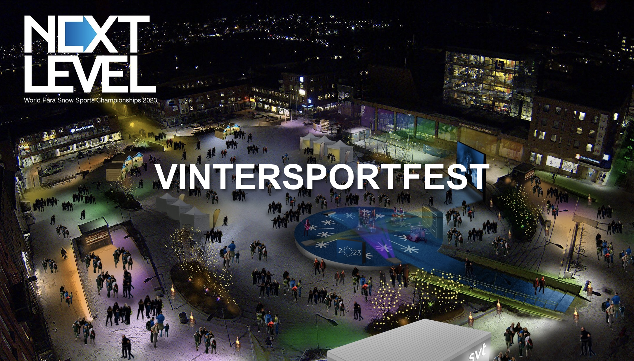 Visionsbild över torget i Östersund, fågelperspektiv. Det är mörkt men upplyst på torget, folkliv och på bilden syns texten "vintersportfest".