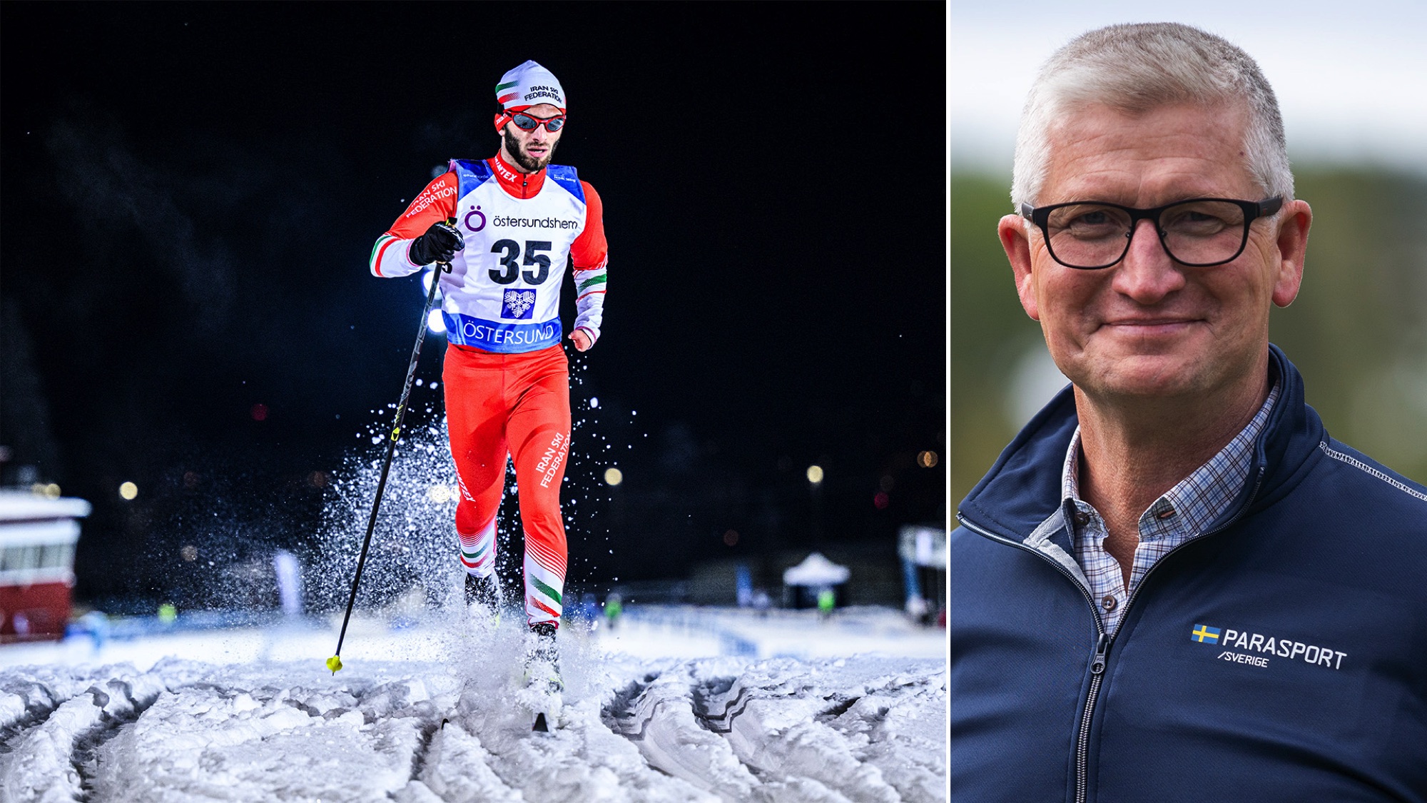 Bilden är ett montage av två bilder. Till vänster syns en para-skidåkare som tar sig över krönet på en backe. Till höger syns Bo Sköld, generalsekreterare för Parasport Sverige.