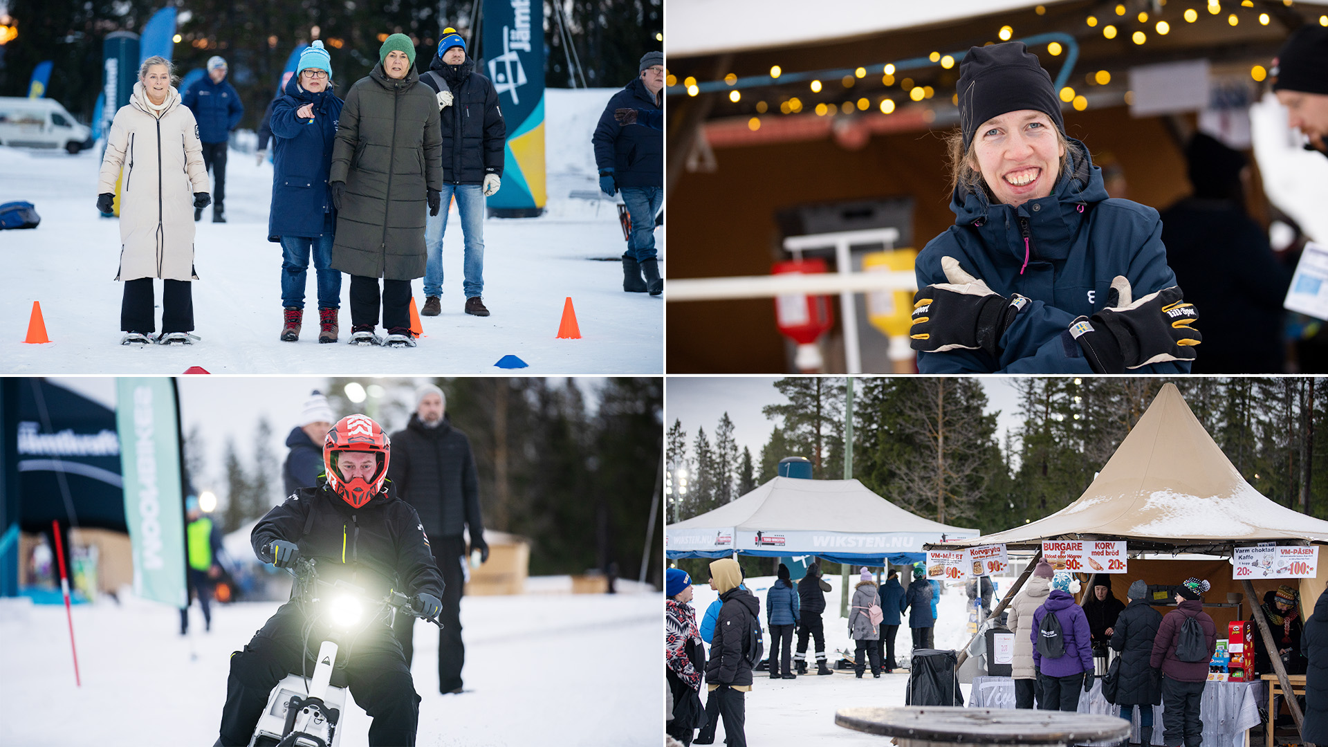 Kollage med bilder från Ski Festival på Para Nordic Skiing World Championships. Den första bilden visar snöskolöpning, den andra en leende tjej som står framför ett mattält, den tredje en person som kör moonbikes, en typ av eldriven snöskoter, och den fjärde och sista mattält och personer som står utanför och handlar.
